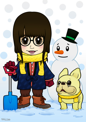 フレンチブルドッグと雪かき