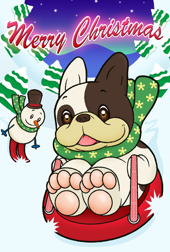 フレンチブルドッグ風の謎の生き物 スペイシードッグのクリスマスカード用イラスト