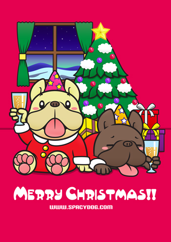 フレンチブルドッグ風の不思議な生き物スペイシードッグのクリスマスイラスト