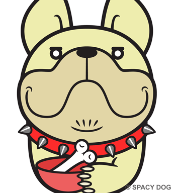 French Bulldog holding food bowl